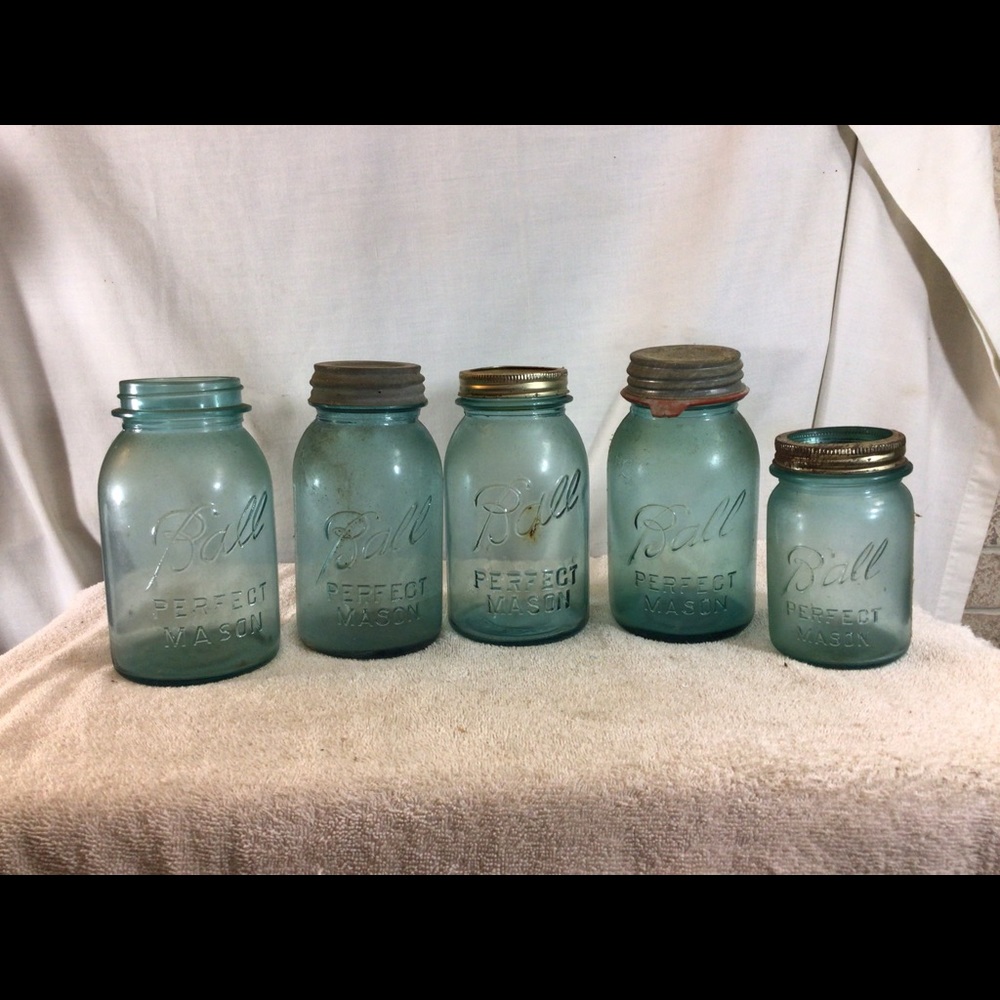 Vtg Set of 5 BALL PERFECT MASON Blue Canning Jars